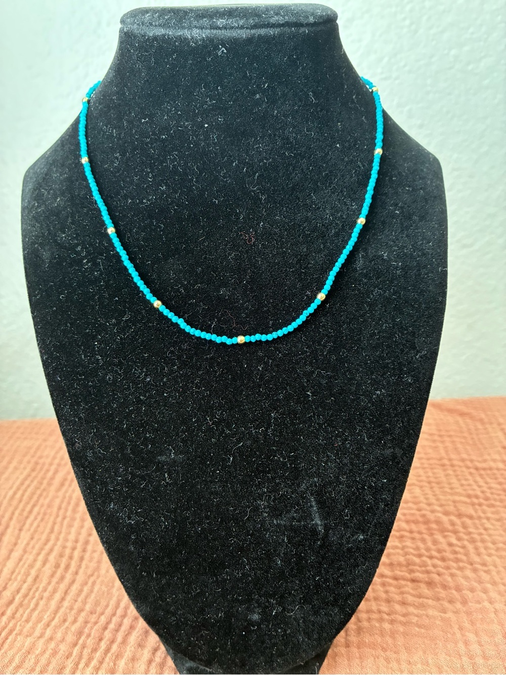 Delicate Turquoise Beaded Necklace with Gold Accents 15”-17”